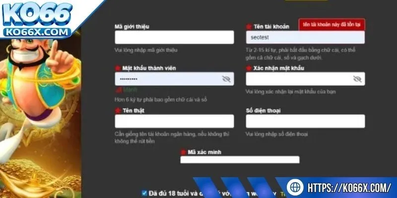 Đăng ký tài khoản KO66 theo thông tin chính xác